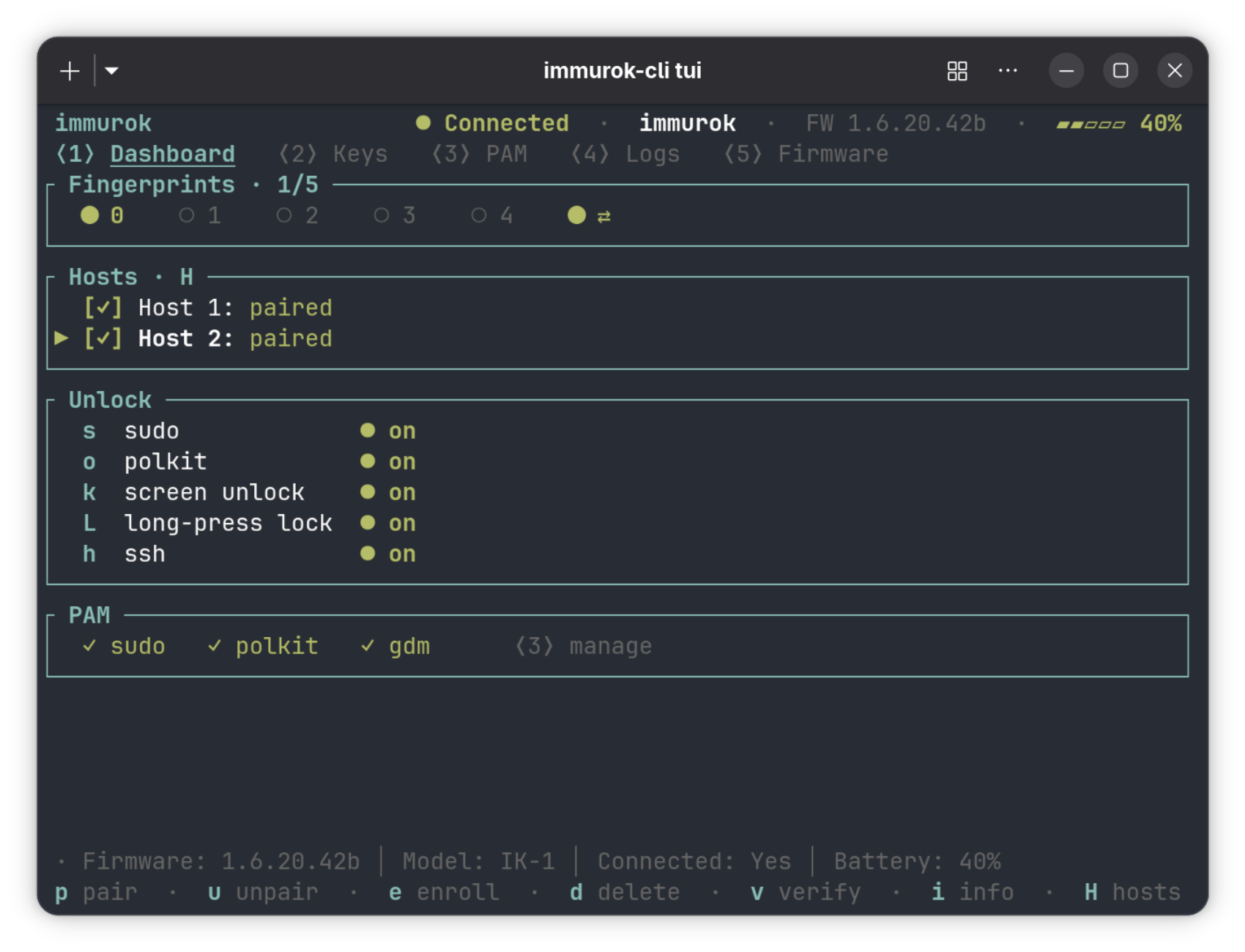 The immurok Linux TUI dashboard, showing a Hosts panel with Host 1 and Host 2 both paired, and the switch finger on the fingerprint row