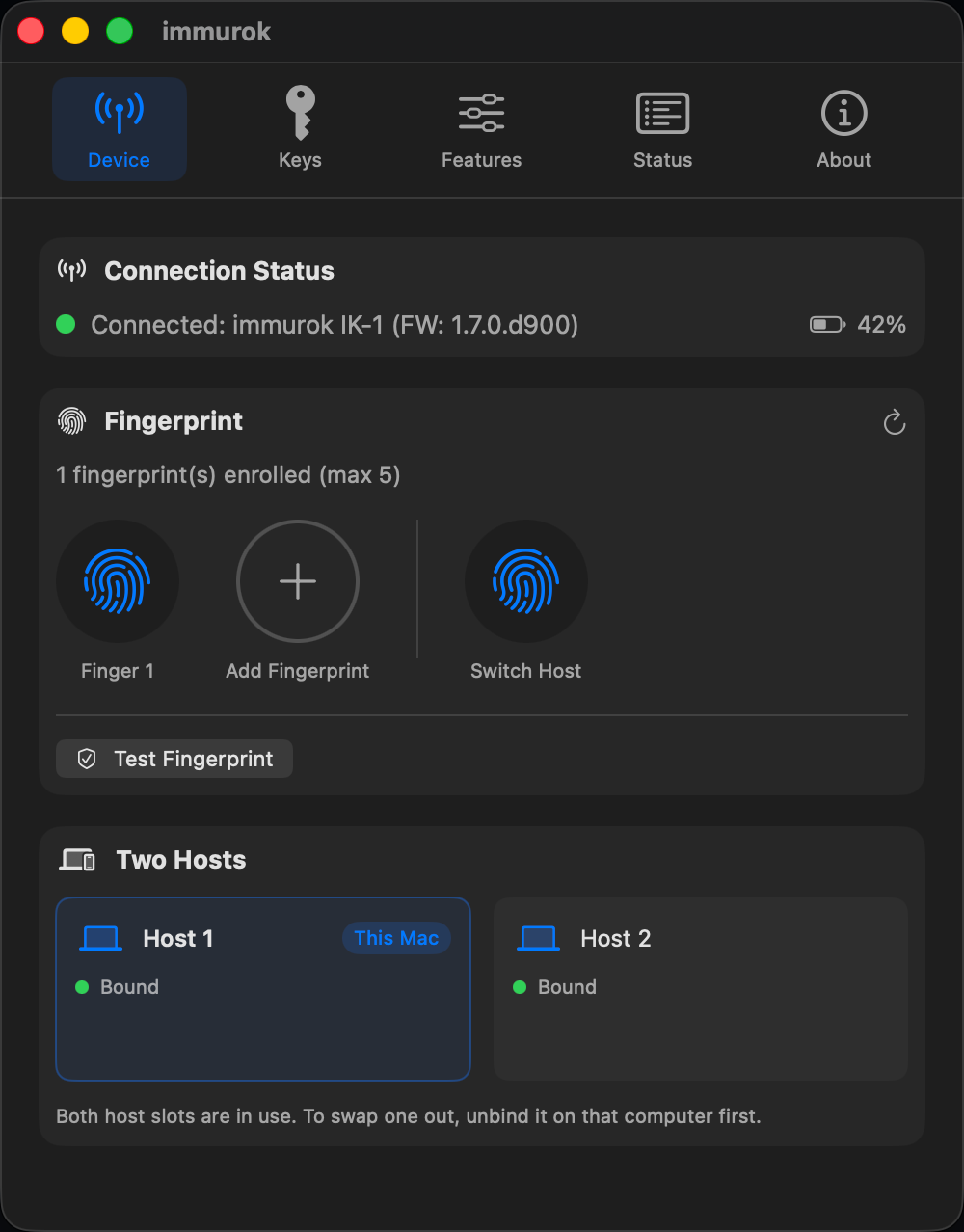 The Two Hosts panel in the immurok macOS app, showing Host 1 marked &ldquo;This Mac&rdquo; and Host 2 both bound, above a dedicated Switch Host fingerprint