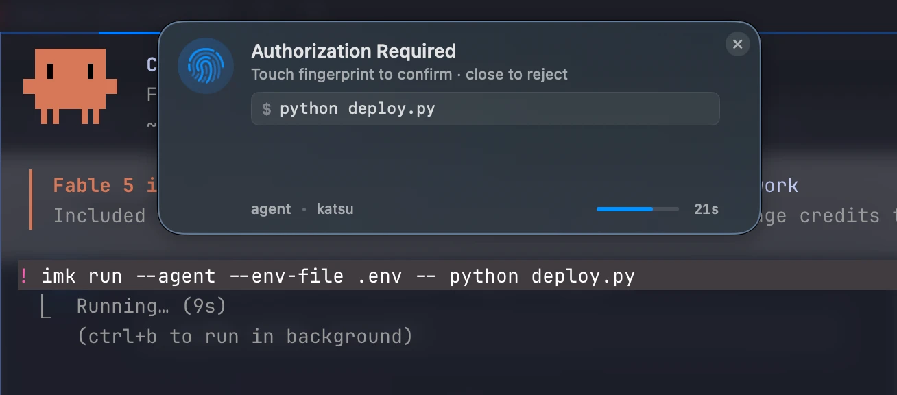 The immurok HUD overlay asking for a fingerprint touch while an AI agent runs imk run &ndash;agent &ndash;env-file .env &ndash; python deploy.py in the terminal
