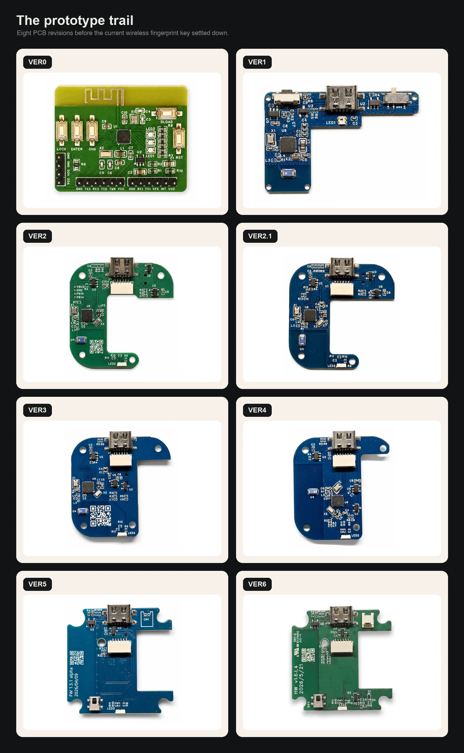 Eight immurok PCB revisions arranged as a hardware timeline