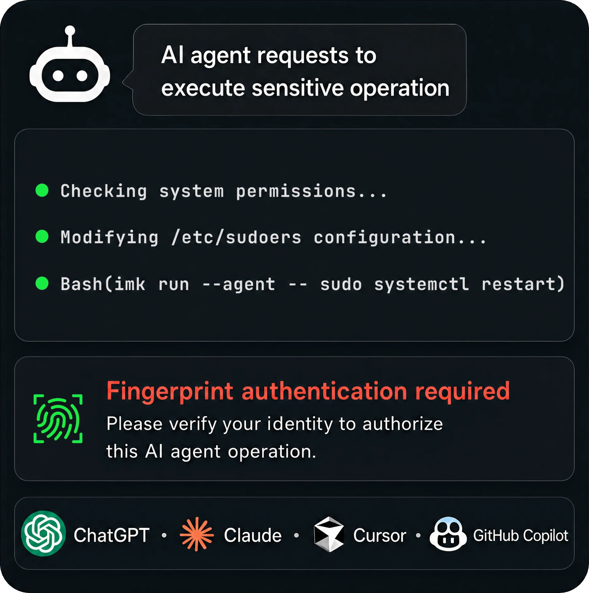An AI agent runs imk run --agent -- sudo systemctl restart and is paused by a fingerprint-authentication-required prompt; works with ChatGPT, Claude, Cursor, and GitHub Copilot