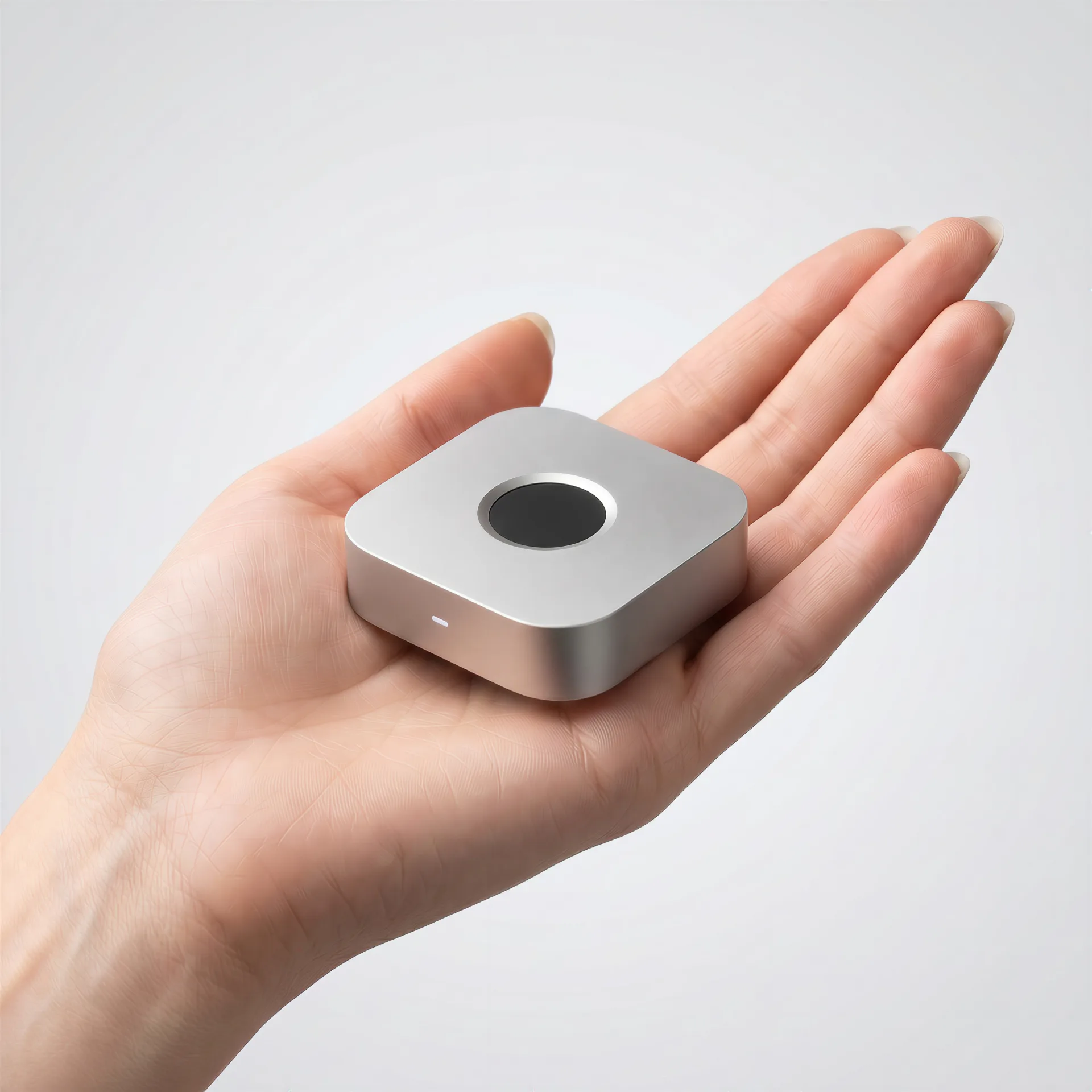 The immurok wireless fingerprint key held in hand