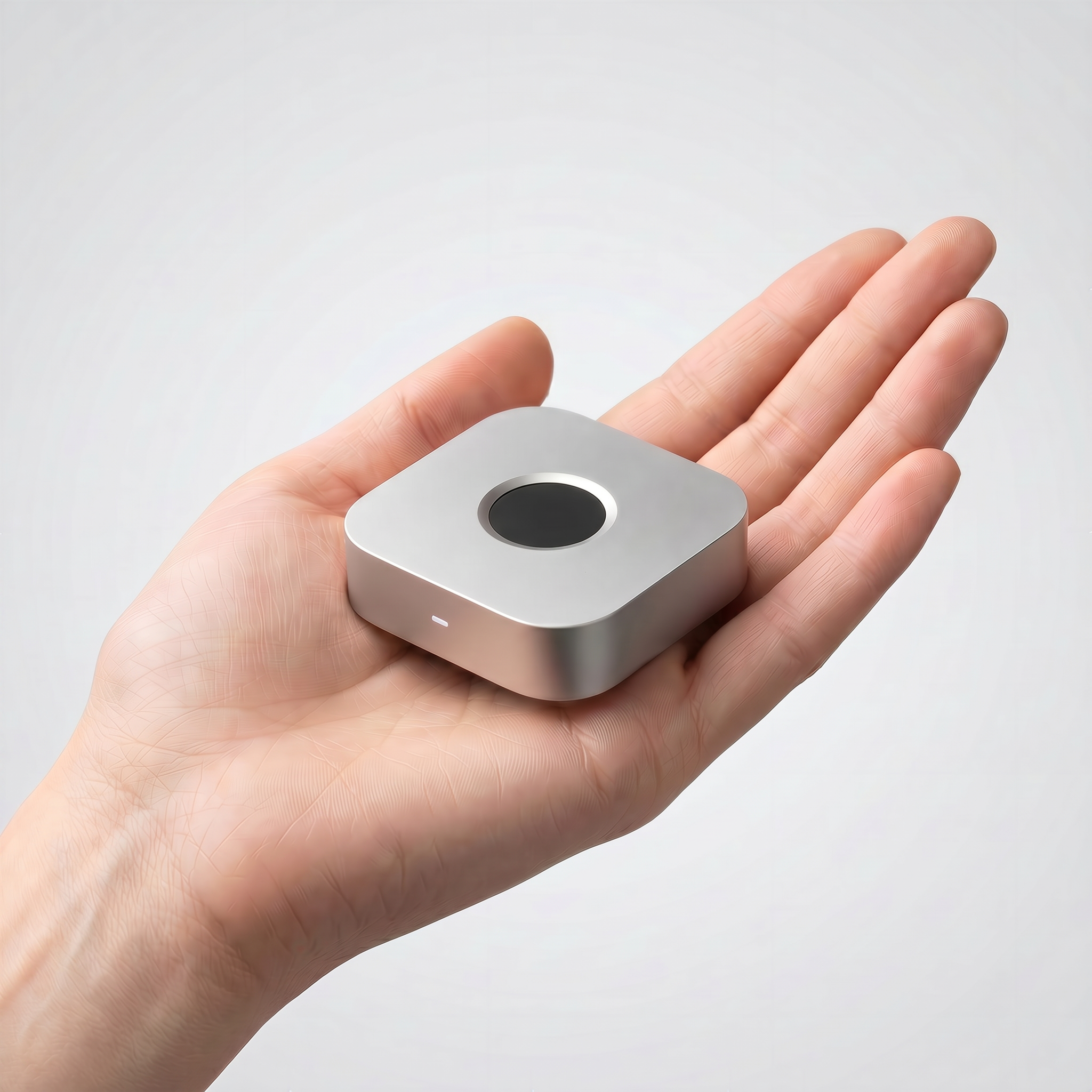 A hand cradling the immurok wireless fingerprint key
