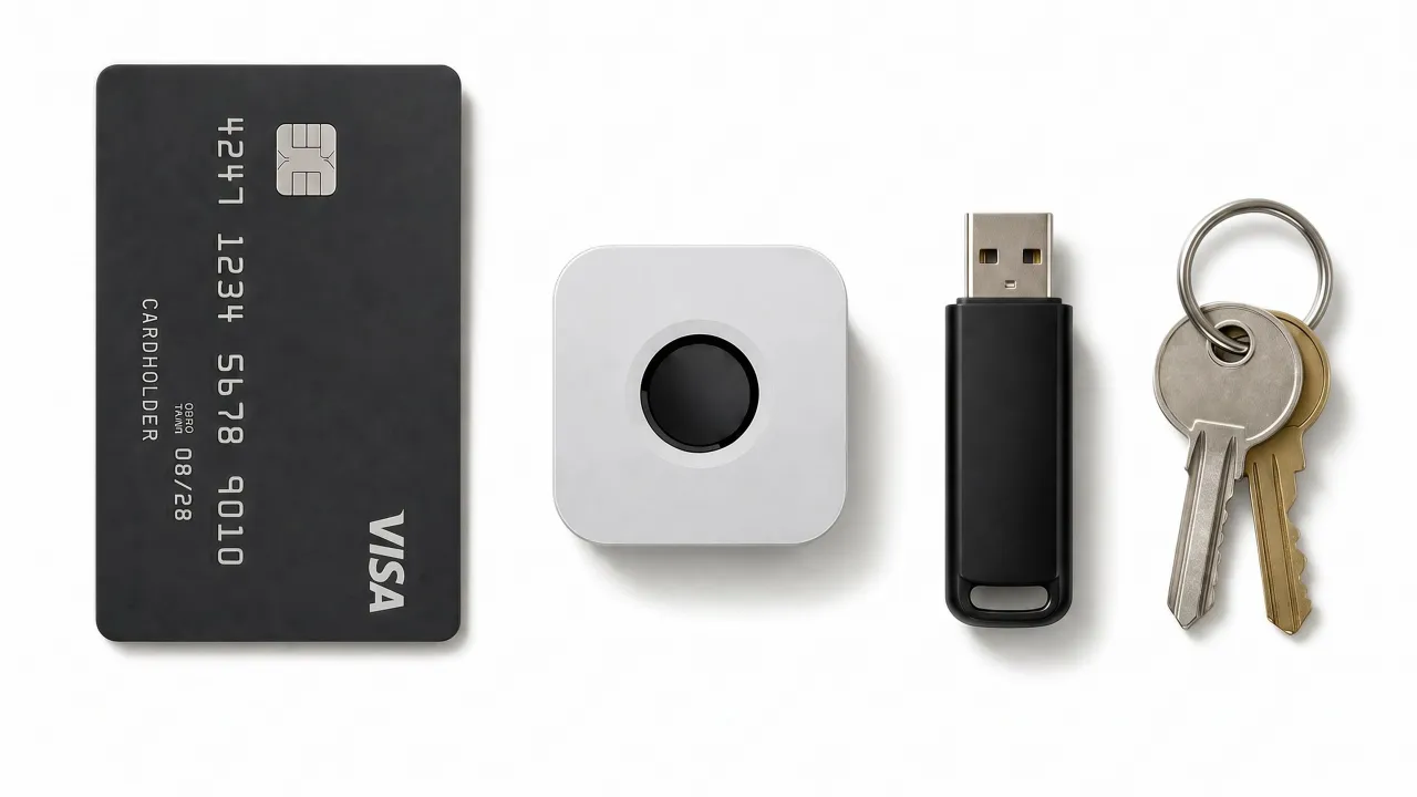 Size comparison: immurok IK-1 next to a credit card, a USB flash drive and a set of house keys