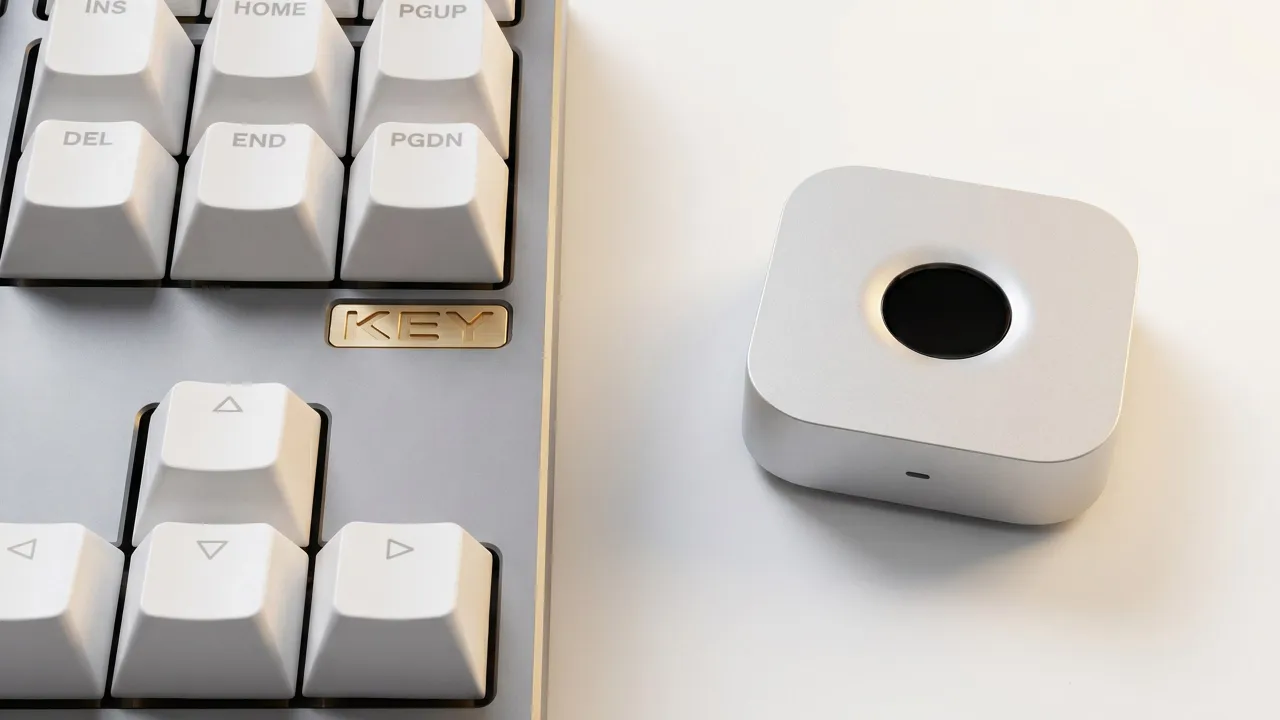 immurok IK-1 in silver anodized aluminum beside a mechanical keyboard