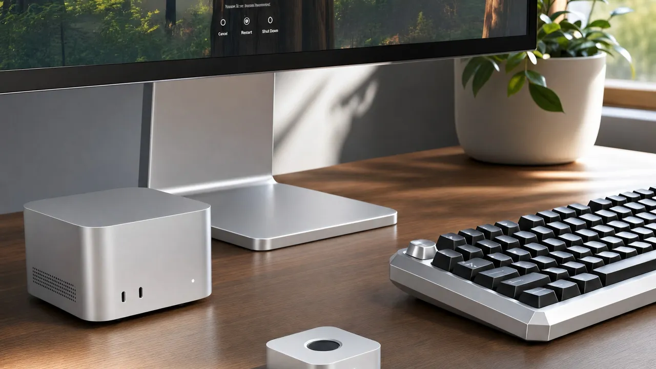 immurok IK-1 on a wooden desk in front of a Mac Studio, a display and a mechanical keyboard